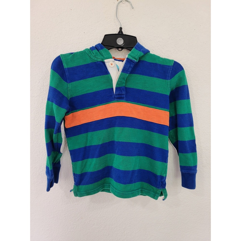 Mini Boden Boys Green Blue Striped Hooded Rugby Shirt Elbow Patches Size 6-7Y #3